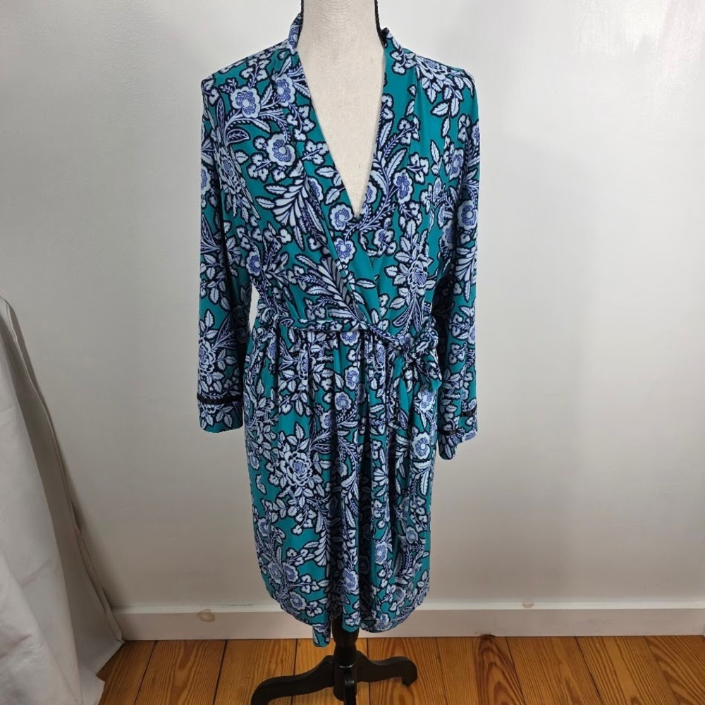 Lina Donatella Turquoise Floral‎ Wrap Robe Long Sleeve Tie Waist Midi